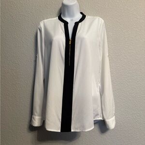 Calvin Klein White 1/2 Zip Long-Sleeve Top w/ Black Trim and Gold Hardware Small
